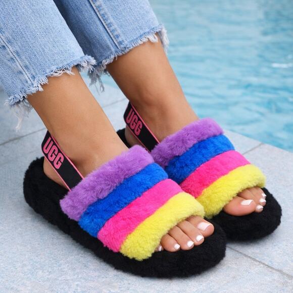 Ugg Australia Shoes - UGG Fluff Yeah Slide Black Rainbow Sheepskin Platform Sandals Women’s 8 Y2K